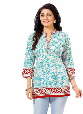 Anmi Black Faux Crepe Short Kurti Tunic Top Printed Women Straight Kurta(Maroon, Light Blue)