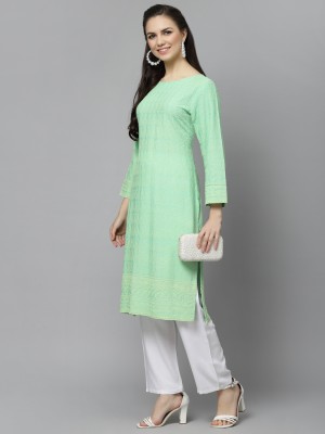 YASHIKA Women Chikan Embroidery, Embellished, Embroidered Straight Kurta(Green)