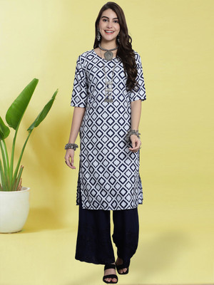 EthnicBasket Women Printed A-line Kurta(Black, White)