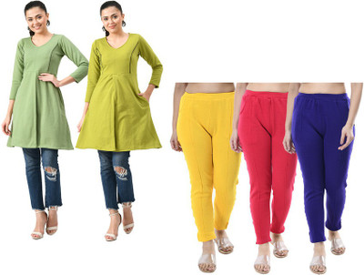 IndiWeaves Women Solid Straight Kurta(Light Green, Green)