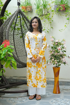 Elegance Hub Women Chikan Embroidery A-line Kurta(Yellow)