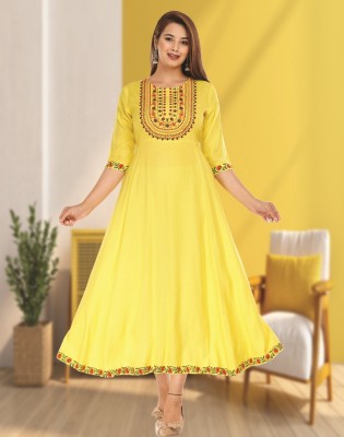 Chahit Women Embroidered Anarkali Kurta(Yellow)