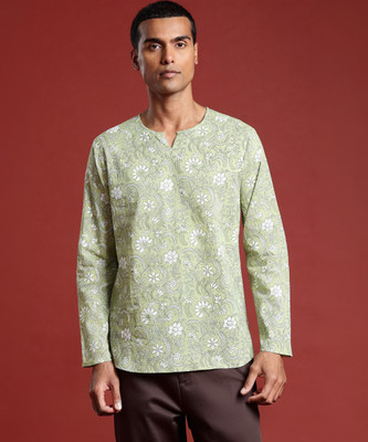 ANOUK Men Block Print Straight Kurta(Light Green, White)