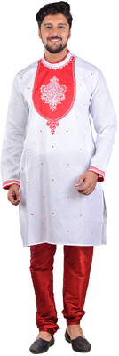 Meilli Men Embroidered Straight Kurta(White)