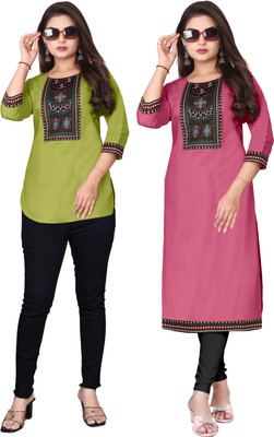 MAHADEVSQUARE Women Embroidered A-line Kurta(Pink, Light Green)