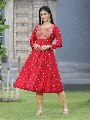 Juniper Women Printed Flared Kurta(Red)