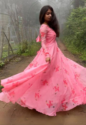 Ugaan Women Floral Print Anarkali Kurta(Pink)