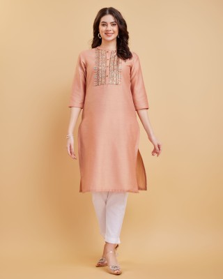 BESHASTUDIO Women Embroidered A-line Kurta(Pink)