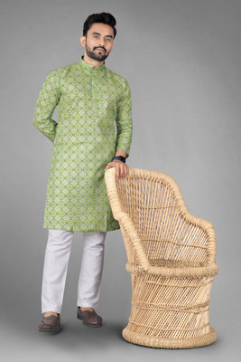 DHASU TRENDZ Men Printed Straight Kurta(Light Green)
