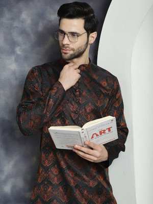Jompers Men Woven Design Straight Kurta(Black)