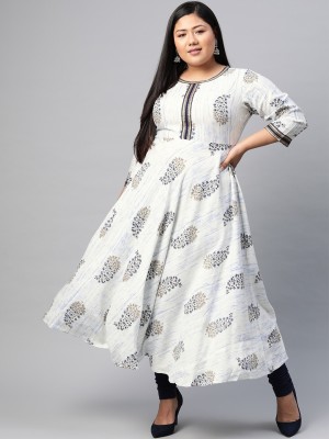 Yash Gallery Women Printed Anarkali Kurta(White)