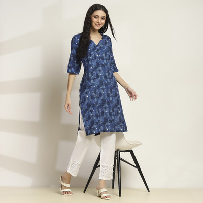 RANGRITI Women Printed Straight Kurta(Blue)
