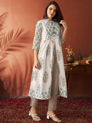 ANOUK Women Printed A-line Kurta(White)