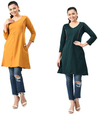 IndiWeaves Women Solid A-line Kurta(Dark Green, Yellow)