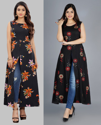 maruti fab Women Floral Print Flared Kurta(Black)