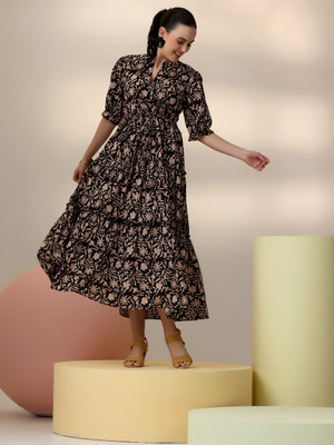 LIBAS Women Printed Flared Kurta(Black)