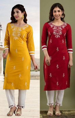 vikshi Women Chikan Embroidery Straight Kurta(Multicolor)