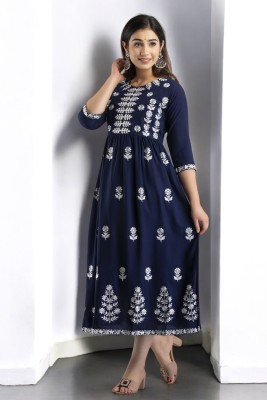 Kimoza Women Embroidered Flared Kurta(Dark Blue)