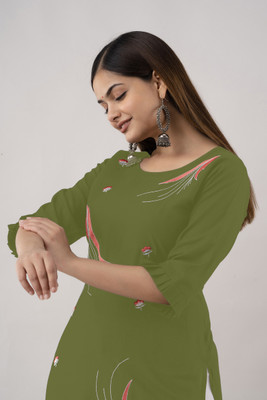 HouseOfCommon Women Embroidered Straight Kurta(Dark Green, Pink, White)