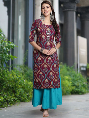 Moda Rapido Women Floral Print Straight Kurta(Purple)