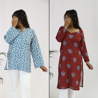 aanzri Women Printed Straight Kurta(Maroon, Blue)