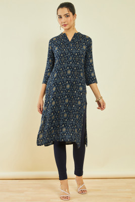 soch Women Ikat Straight Kurta(Dark Blue, Yellow, White)
