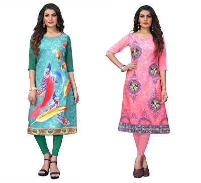 Yasti Enterprise Women Printed Anarkali Kurta(Green, Pink)