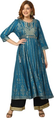 V-MART Women Printed Flared Kurta(Blue, Gold)