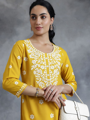 LIBAS Women Embroidered Straight Kurta(Yellow)
