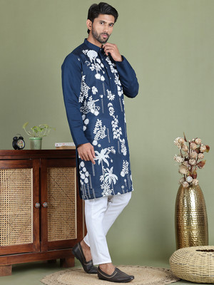 Jompers Men Printed Straight Kurta(Blue)