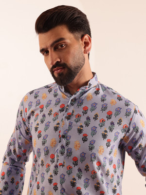 SOJANYA Men Printed Straight Kurta(Blue)