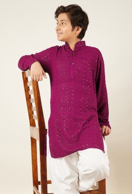 AJ Dezines Boys Chikan Embroidery Straight Kurta(Purple)