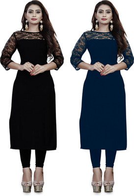 Maheshvi Women Solid Straight Kurta(Black, Dark Blue)