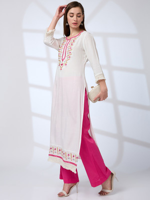Globus Women Embroidered Straight Kurta(White)
