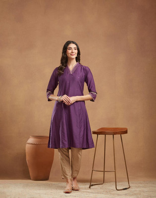 Fabindia Women Embroidered A-line Kurta(Purple)