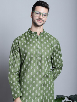 Jompers Men Floral Print Straight Kurta(Dark Green, White)