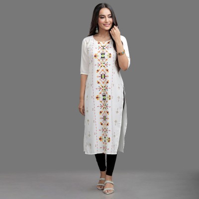 1 Stop Fashion Women Printed Straight Kurta(White)