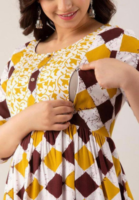 Rp Rosy Pink Women Block Print Gown Kurta(Yellow)