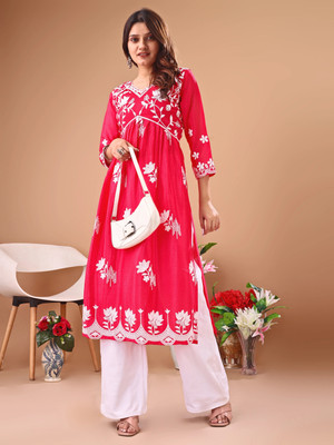 Youthnic Women Chikan Embroidery A-line Kurta(Pink)