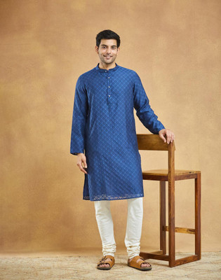 Fabindia Men Printed Straight Kurta(Blue)