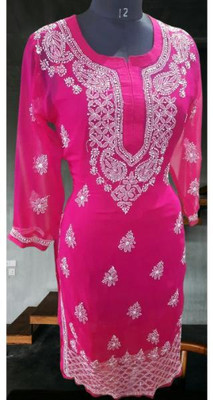 KKHANSHENTP Women Chikan Embroidery Ethnic Dress Kurta(Pink)