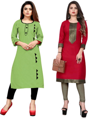 Maaa Meladi CreationS Women Printed Straight Kurta(Green, Red)