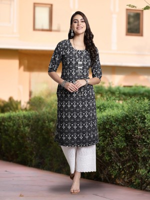 EthnicBasket Women Printed Straight Kurta(Black)