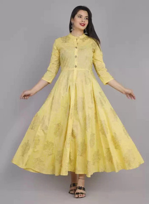 AnviTextile Women Printed Anarkali Kurta(Yellow)