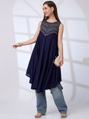 Globus Women Embroidered A-line Kurta(Blue)