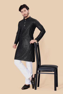 Shree Dutt Creation Men Chikan Embroidery Straight Kurta(Black)