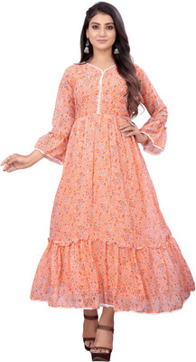 NIRVA ENTERPRISES Women Geometric Print Gown Kurta(Orange)