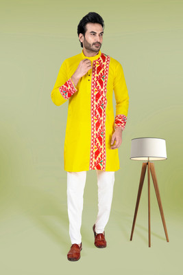 RIKTA Men Self Design Straight Kurta(Yellow)