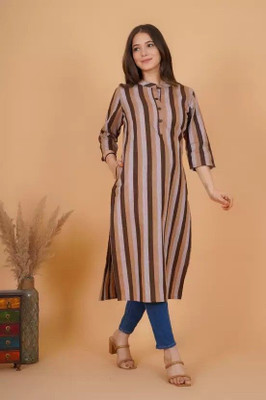 Ladylaz Women Striped Straight Kurta(Brown, Beige)