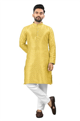 Shree Dutt Creation Men Self Design Straight Kurta(Yellow)
